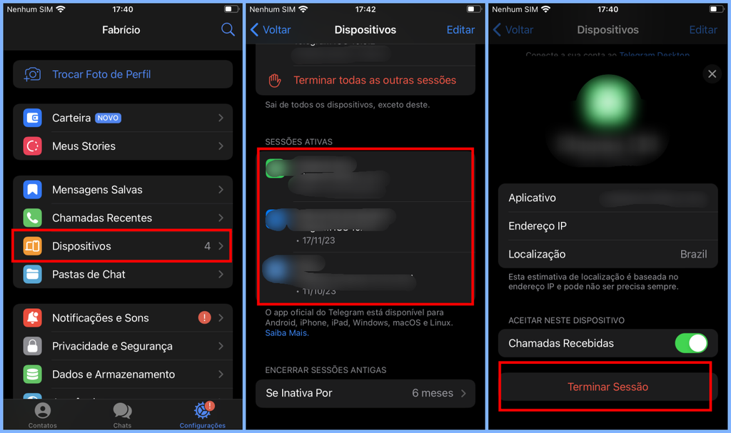 O Telegram conta com um recurso para encerrar sessões em outros aparelhos remotamente (Imagem: Captura de tela/Fabrício Calixto/Canaltech)