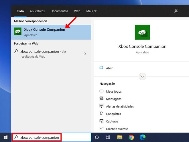 No Windows 10, procure pelo "Xbox Console Companion" e abra-o (Captura de tela: Matheus Bigogno)