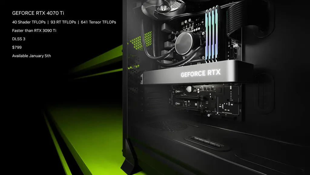 Versão renomeada da RTX 4080 12 GB, a nova Nvidia GeForce RTX 4070 Ti promete desempenho de RTX 3090 Ti com preço e consumo significativamente mais baixos (Imagem: Nvidia)