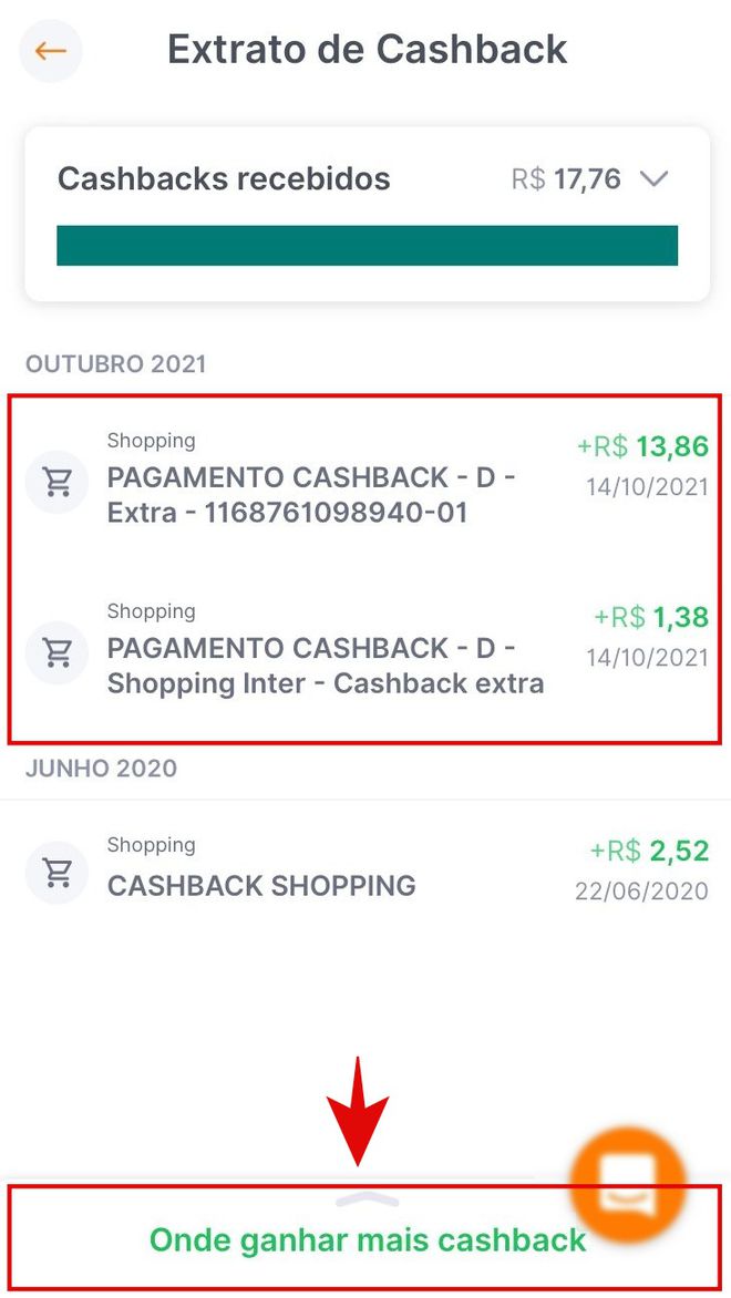 Além de compras feitas no Inter Shop, existem outras formas de ganhar cashback (Imagem: Kris Gaiato/Captura de tela)