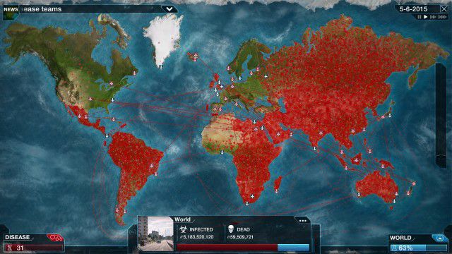 Tela do jogo Plague Inc., onde o objetivo é criar uma doença para matar toda a população mundial