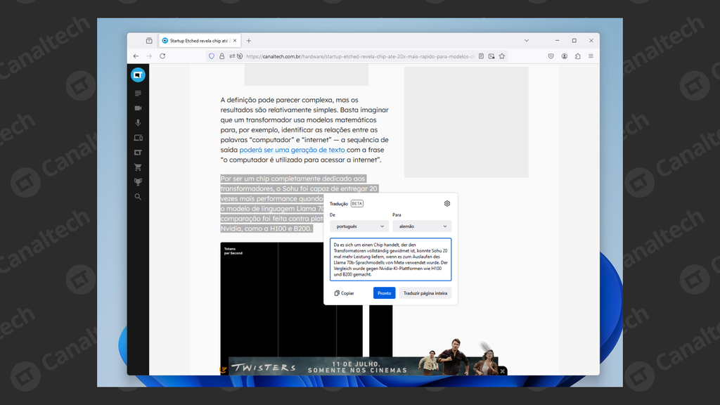 Firefox 128 possui ferramenta para traduzir partes de textos sem atingir o resto da página (Imagem: Captura de tela/Bruno De Blasi/Canaltech)