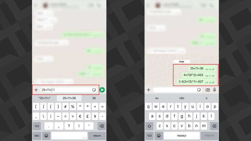 Captura de tela com a calculadora no WhatsApp (iOS)