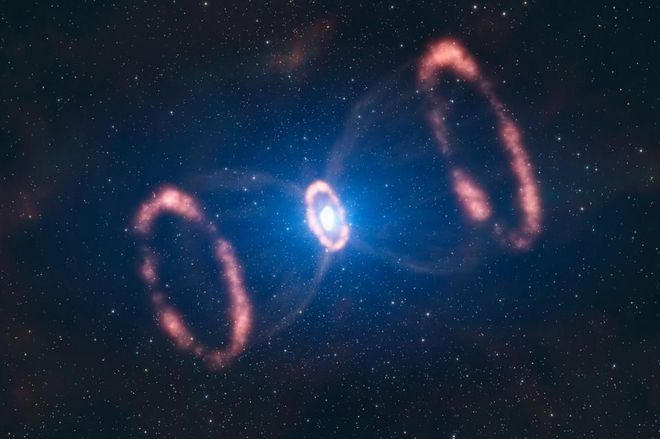 Imagem de uma supernova. Vemos os anéis externos causados por ejeções anteriores, muito antes da explosão final (Imagem: ESO/L. CALÇADA)