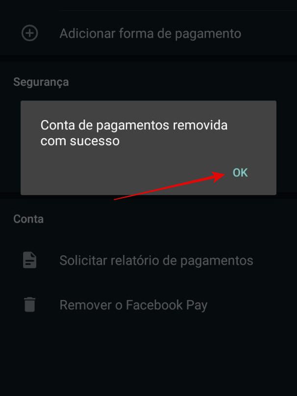Confirme o procedimento de exclusão do Facebook Pay (Imagem: Guadalupe Carniel/Captura de tela)