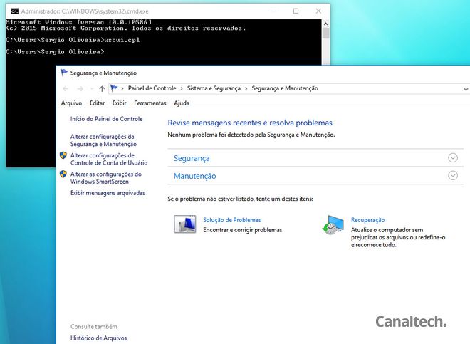 A central de segurança e manutenção do Windows pode ser acessada a partir do comando wscui.cpl no Prompt ou na janela Executar
