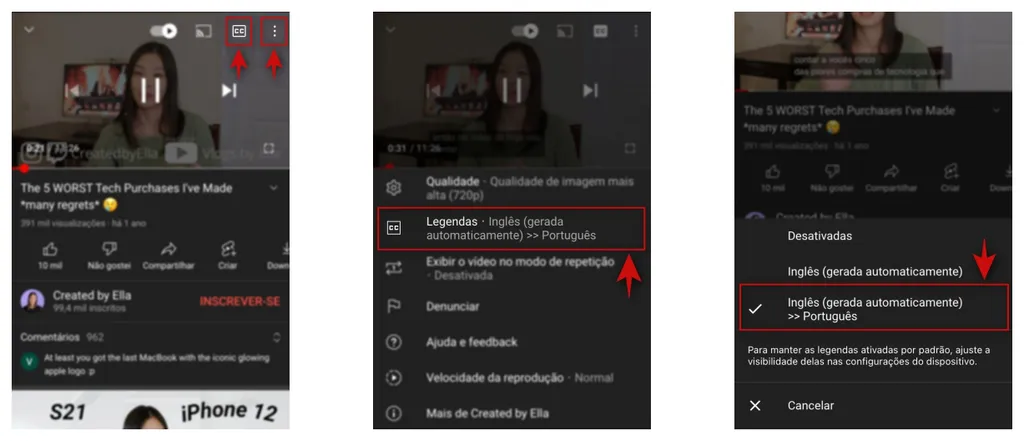 Para colocar legendas em português no Youtube, é necessário que o vídeo disponibilize essa opção (Captura: Kris Gaiato)
