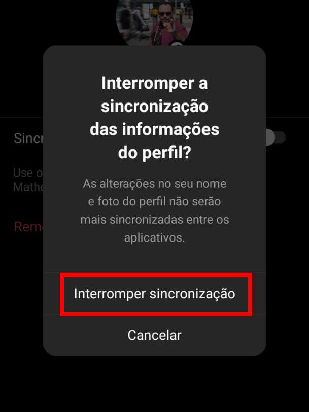 Na pop-up exibida em seguida, clique em "Interromper sincronização" para confirmar a ação (Captura de tela: Matheus Bigogno)