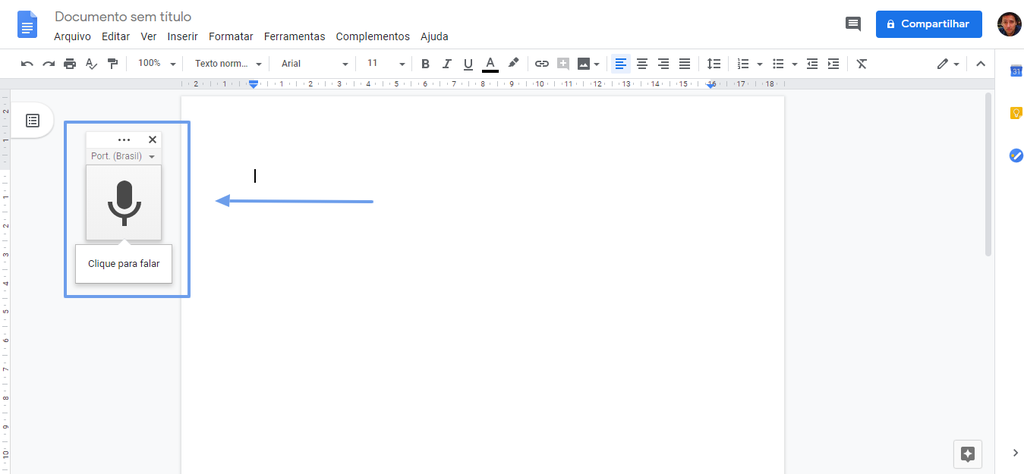 No menu superior de um documento em edição pelo Google Docs, você acesse o controle de digitação por voz, destacado na imagem acima (Captura de Imagem: Rafael Arbulu)
