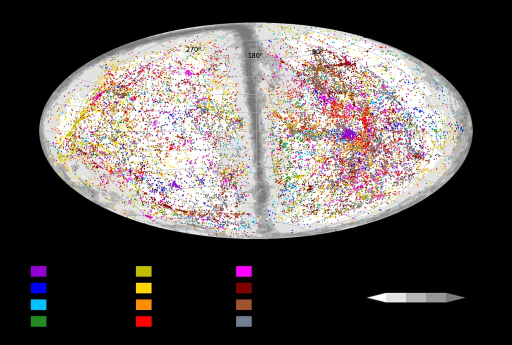 Mapa das medidas das distâncias de 56 mil galáxias (Imagem: Reprodução/University of Hawaii at Manoa)
