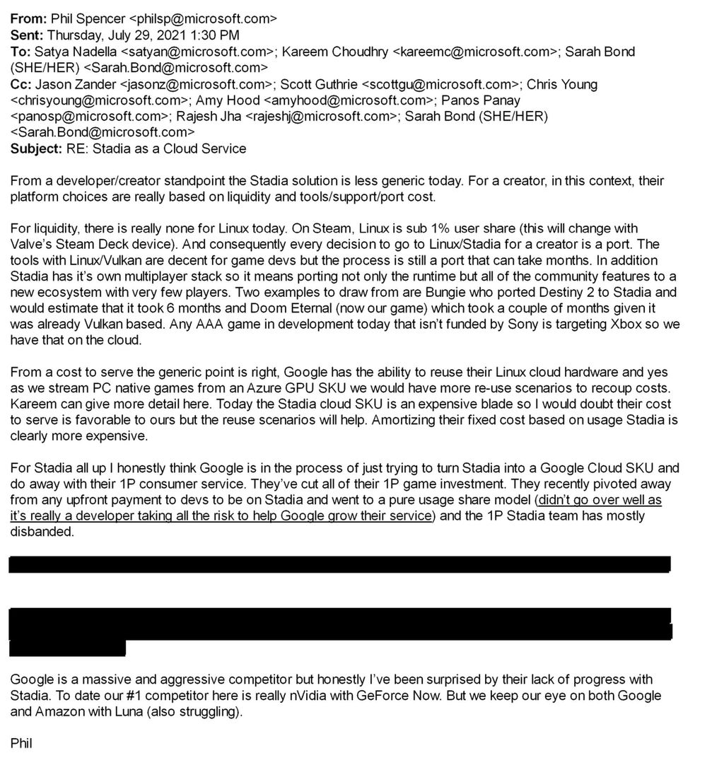 E-mail vazado entre Phil Spencer e Satya Nadella (Imagem: Reprodução/The Verge)