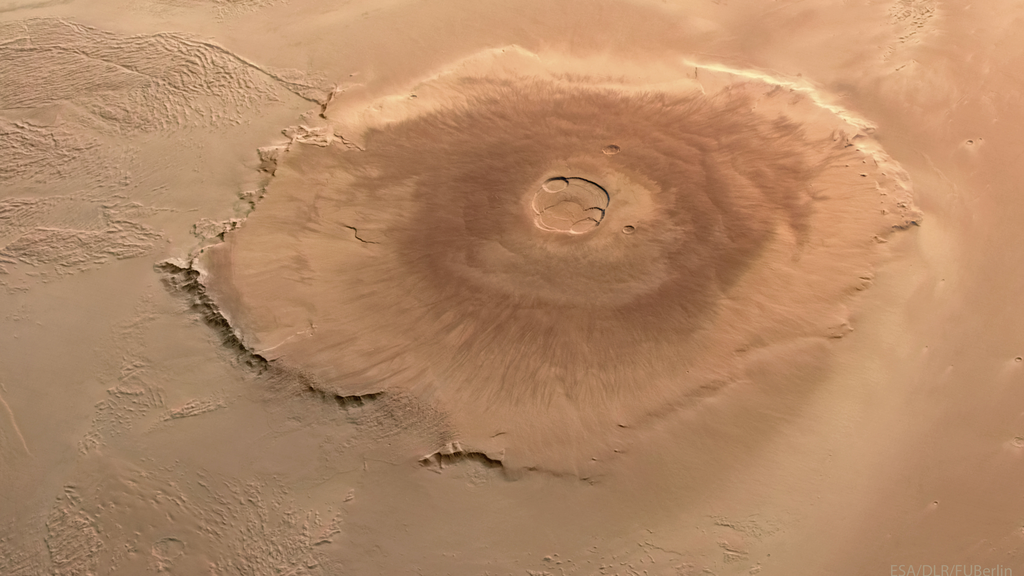 Olympus Mons, o maior vulcão do Sistem Solar (Imagem: Reprodução/ESA, DLR, FU Berlin, Mars Express/Andrea Luck)
