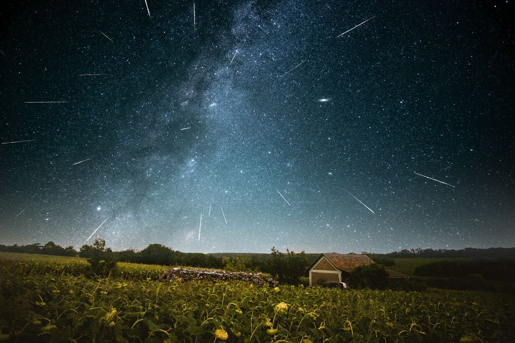 Chuva de meteoros Perseidas, registrada em um vilarejo na Hungria (Imagem: Reprodução/ Balint Lengyel)