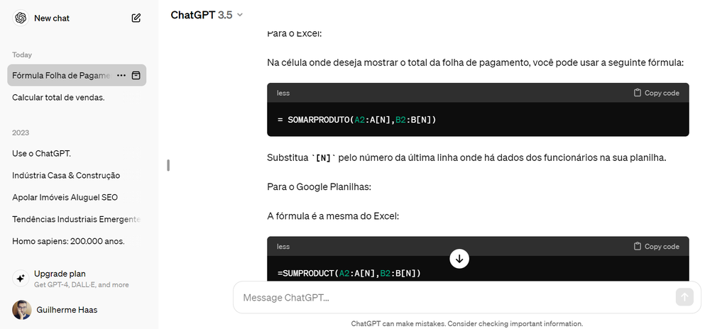 O chatbot da OpenAI explica e gera fórmulas para Excel e Google Planilhas (Imagem: Captura de tela/Guilherme Haas/Canaltech)