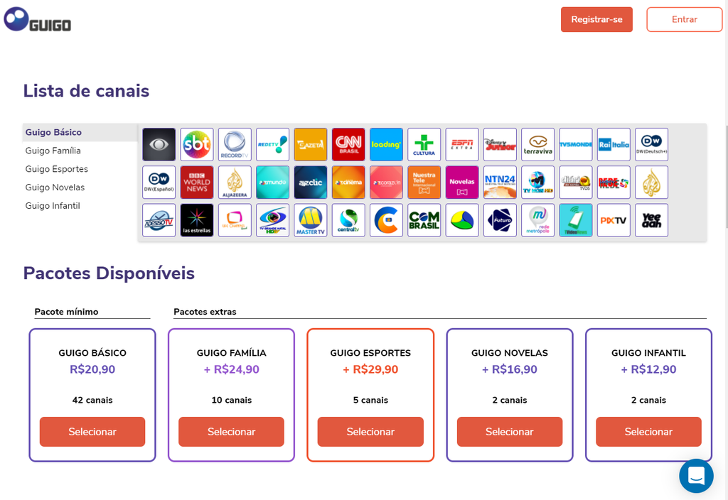 Acervo de canais e planos adicionais do Guigo TV