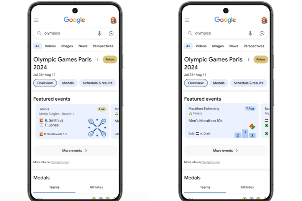 Painel ao vivo das Olimpíadas 2024 na Busca do Google (Imagem: Divulgação/Google)