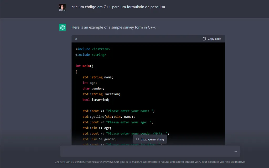 Até linhas de código podem ser criadas pelo ChatGPT (Captura de tela: André Magalhães)