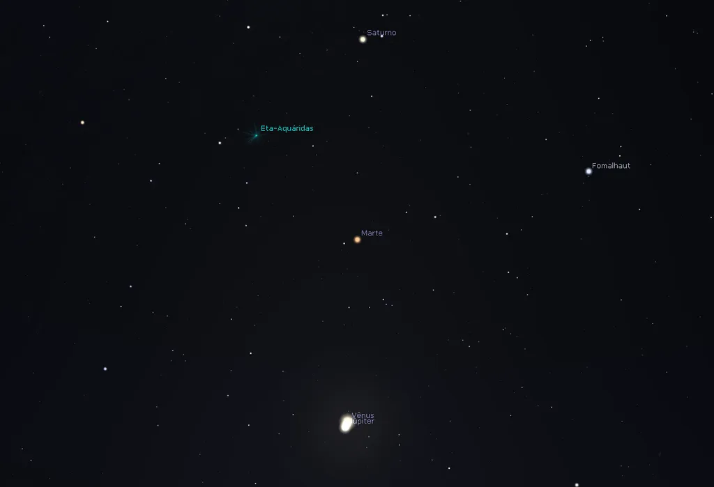 O evento culminará em uma conjunção entre Vênus e Júpiter, no dia 30 de abril (Imagem: Reprodução/Stellarium)