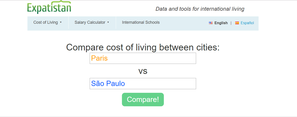O site pede para colocar as duas cidades para fazer a comparação (Foto: Captura de tela/Expatistan)