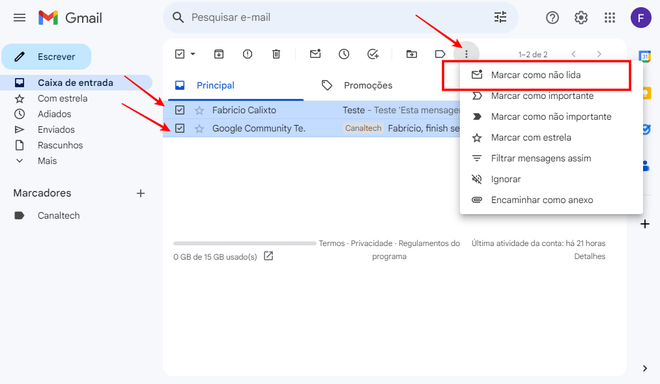 O Gmail permite marcar mensagens como lidas e não lidas (Imagem: Captura de tela/Fabrício Calixto/Canaltech)
