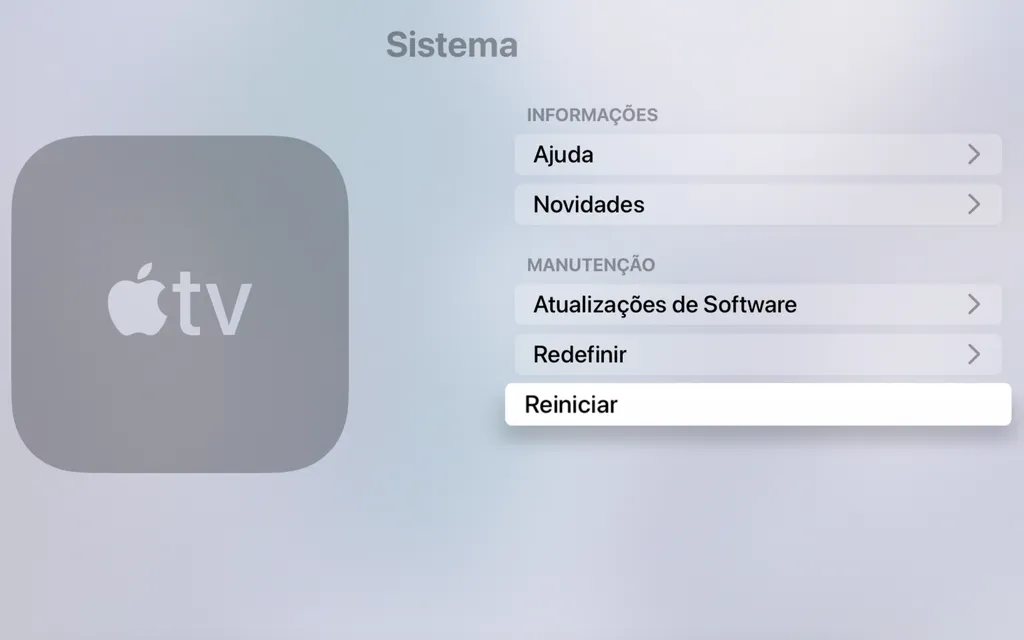 Reinicie a Apple TV pelo app Ajustes da tvOS (Imagem: Thiago Furquim)