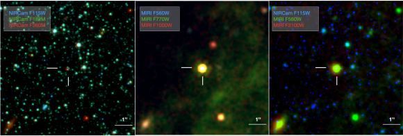 Os três objetos encontrados no infravermelho pelo James Webb (Imagem: Reprodução/Beasor, et al)