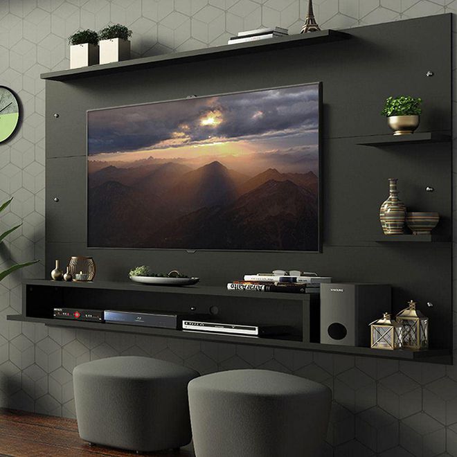 As estruturas dos paineis ajudam a esconder os fios da TV e outros aparelhos (Imagem: Reprodução/Pinterest)