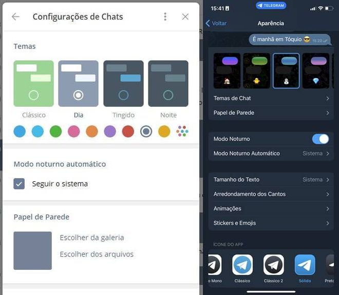 Customizações podem ser aplicadas ao Telegram de forma independente, no celular ou smartphone, com ícones e temas de conversas podendo ser modificados à vontade (Imagem: Captura de tela/Felipe Demartini/Canaltech)