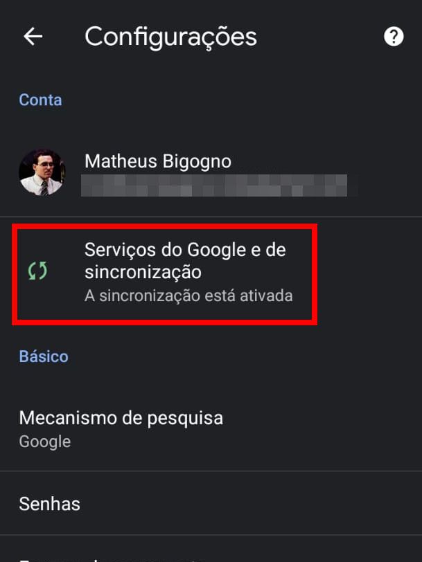 Na aba de "Configurações", clique no item "Serviços do Google e de sincronização" (Captura de tela: Matheus Bigogno)