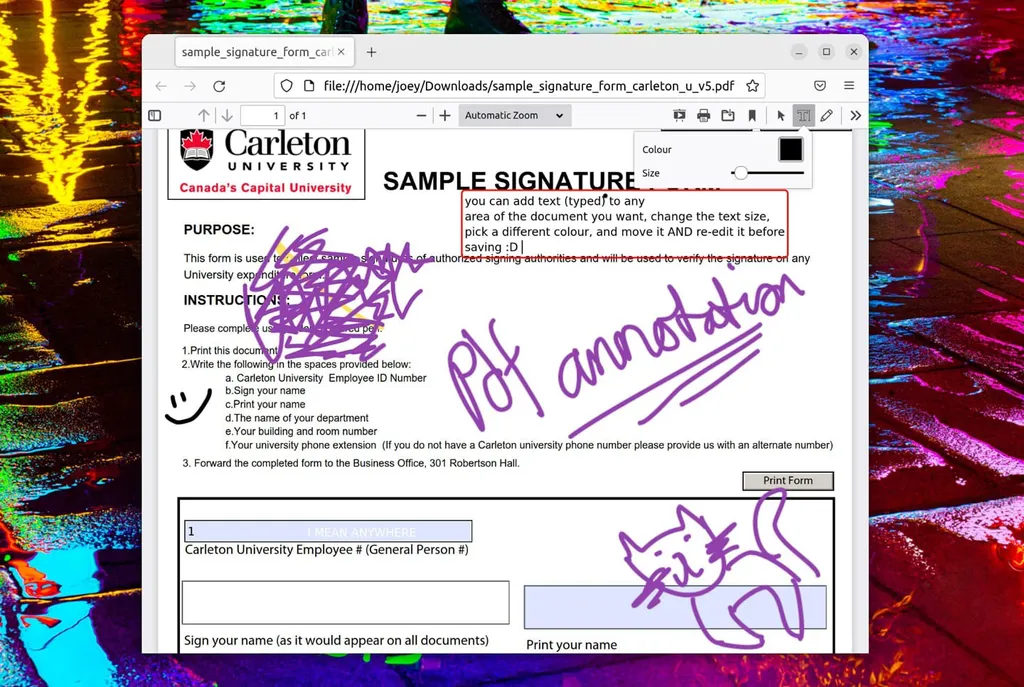 Será possível usar o mouse ou dispositivos de desenho para escrever em PDFs (Imagem: Reprodução/OMGUbuntu)