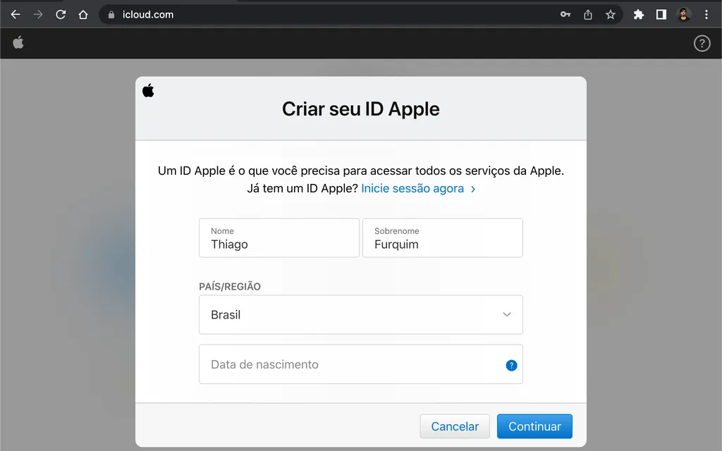 Crie uma conta no iCloud pelo PC (Imagem: Thiago Furquim/Canaltech)