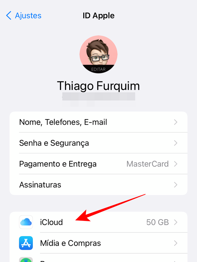 Nas configurações do menu com seu iD Apple, abra a seção do iCloud - Captura de tela: Thiago Furquim (Canaltech)