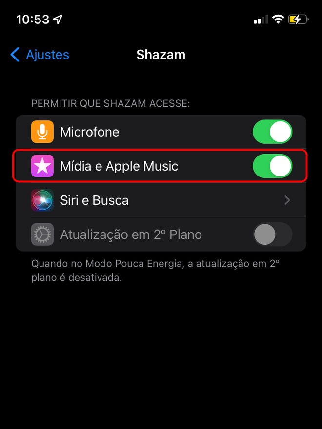 Habilite o acesso do Shazam ao Apple Music no app AJustes - Captura de tela: Thiago Furquim (Canaltech)