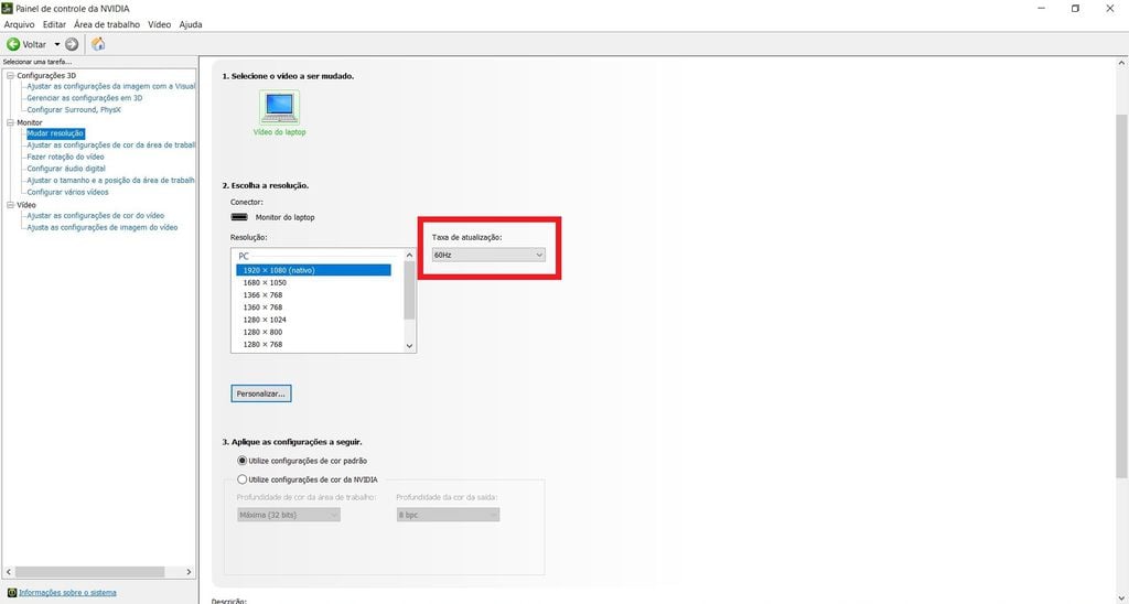 Configuração da taxa de atualização no app NVIDIA