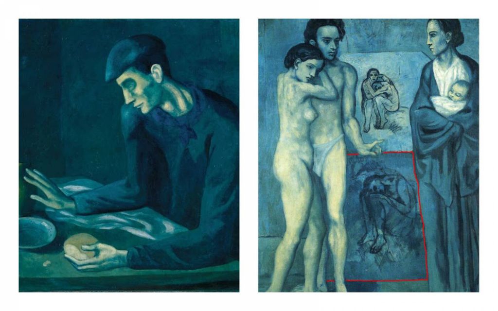 À esquerda: A Refeição do Homem Cego. À direita: a obra La Vie contendo a mulher nua agachada ao fundo (Imagem: Reprodução/University College London)
