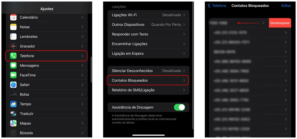Desbloqueie um contato no iPhone nos ajustes do iOS (Imagem: Thiago Furquim)