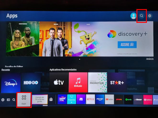 Acesse a aba "Apps" da Smart TV e procure pelo app da Deezer (Imagem: Matheus Bigogno/Foto)