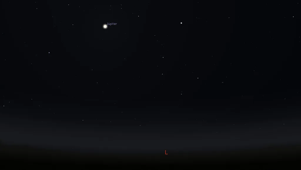 Oposição de Júpiter às 20h, sem nenhum concorrente em luminosidade no céu (Imagem: Reprodução/Stellarium)