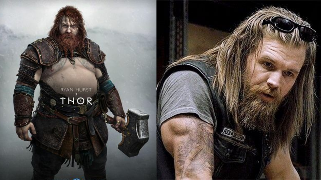 Imagem conceitual do Thor da Sony (esquerda) e ator Ryan Hurst, que interpretaráal o Deus do Trovão, em Sons of Anarchy (direita) (Imagens: Reprodução/Sony/FX)