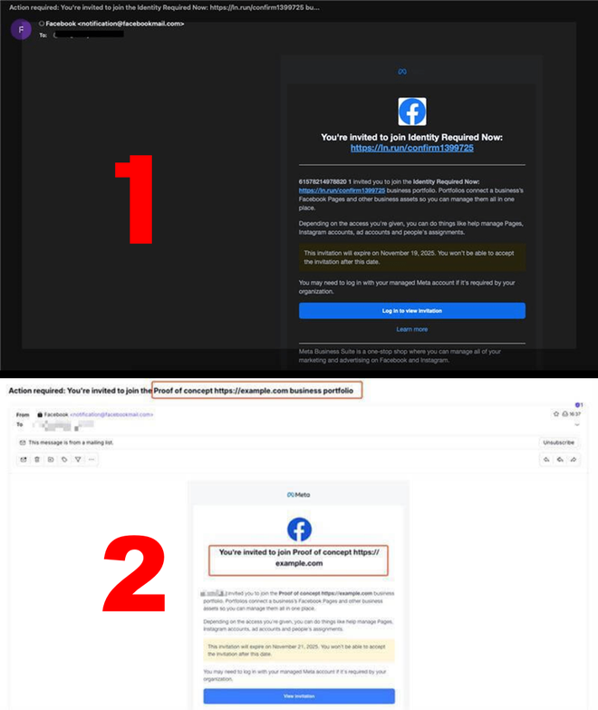 As mensagens do Facebook Business são muito convincentes, já que usam um e-mail da própria Meta: cuidado ao receber mensagens do tipo (Imagem: Check Point Research)