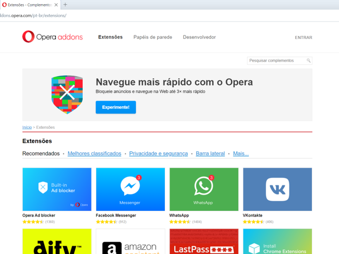 Também é possível acessar a loja de extensões do navegador buscando por "Opera addons". (Imagem: Kris Gaiato/Captura de tela)