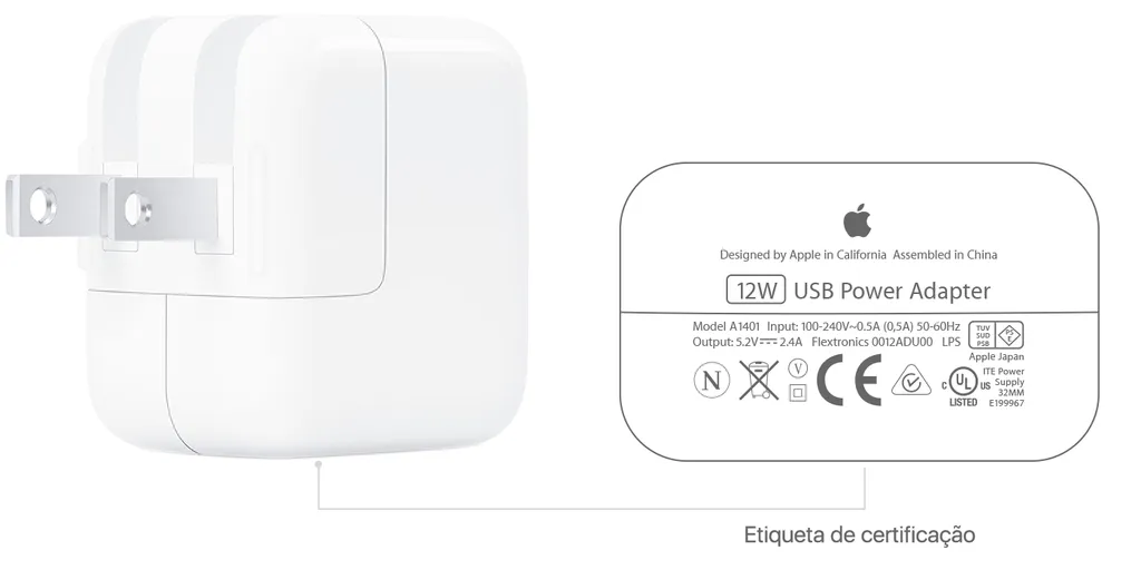 Os carregadores originais do iPhone trazem detalhes sobre as especificações do acessório (Imagem: Divulgação/Apple)