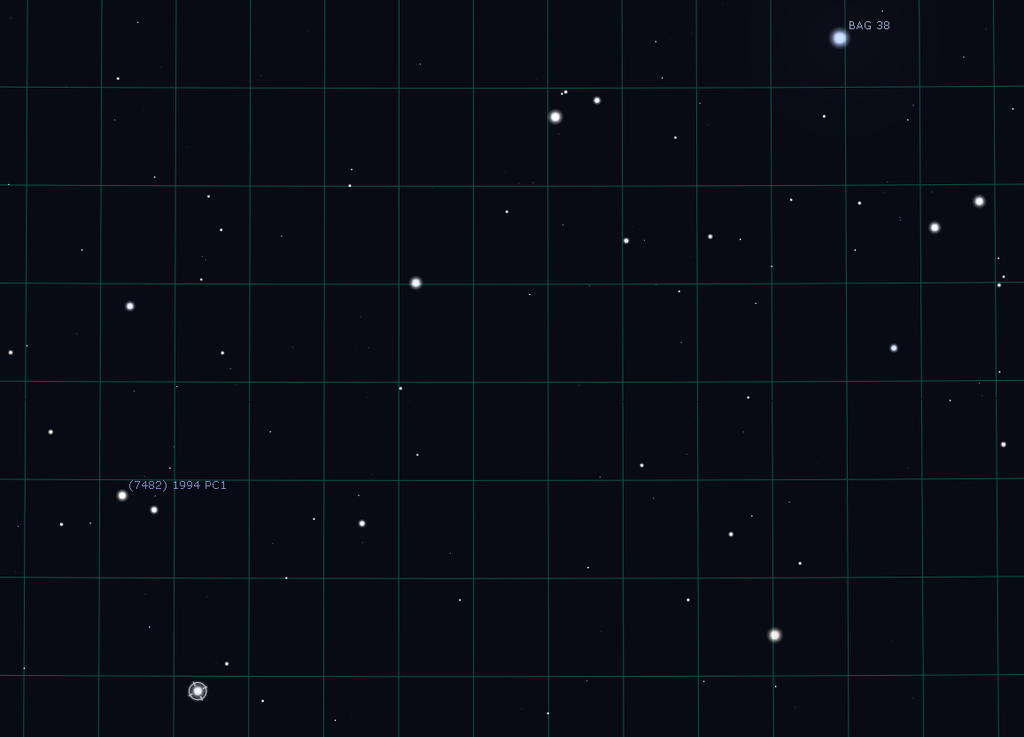 A estrela HIP 7985, no centro da marcação em formado de "alvo", é vizinha da Torcular Septentrional e estará bem perto do asteroide (Imagem: Reprodução/Stellarium)