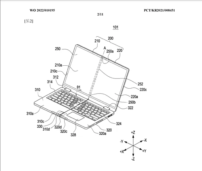 As patentes nem sempre precisam ser transformadas em produtos reais — muitas empresas as solicitam para impedir que concorrentes desenvolvam soluções similares, como o caso deste notebook multidobrável da Samsung (Imagem: Reprodução/OMPI)