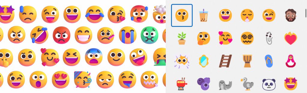 À esquerda, os emojis tridimensionais em testes no Microsoft Teams; à direita, os emojis atuais do Windows 11 (Imagem: Reprodução/Microsoft)