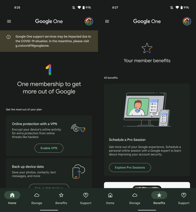 O tema escuro é uma adição muito bem-vinda ao app Google One, já que ele não contava com a alternativa desde seu lançamento em 2018 (Imagem: Reprodução/9to5Google)