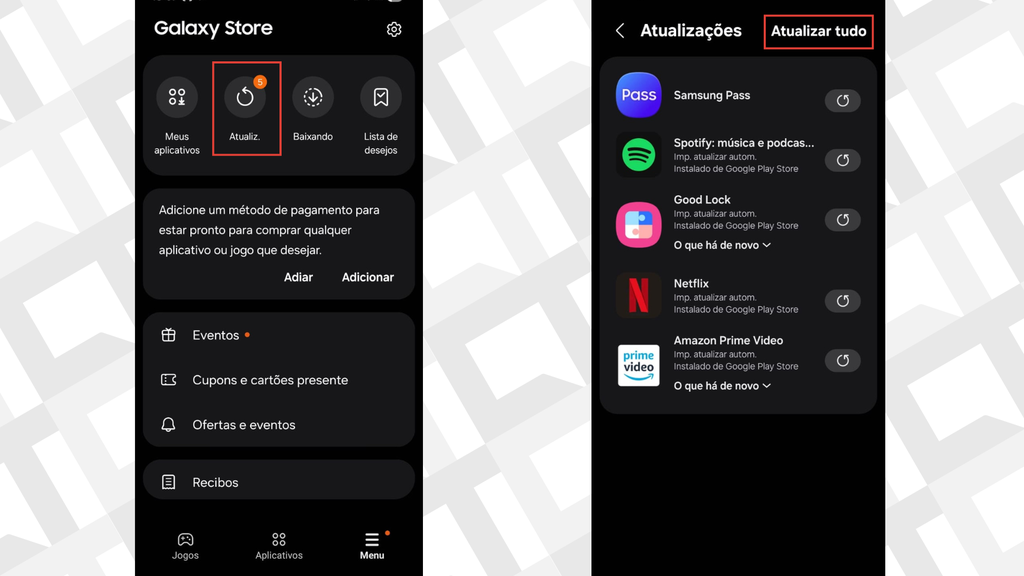 Passos para atualizar os apps na Galaxy Store