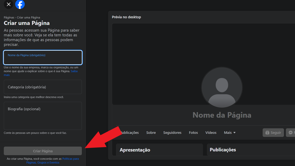 como criar página no facebook