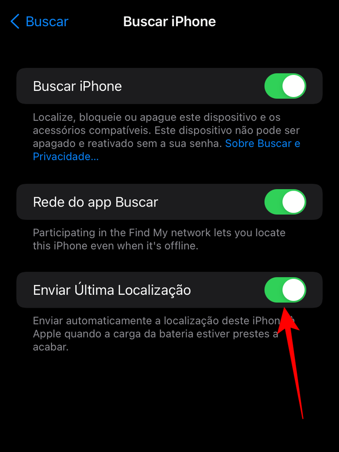 Ative a opção indicada acima para enviar a última localização do iPhone antes da bateria acabar - Captura de tela: Thiago Furquim (Canaltech)