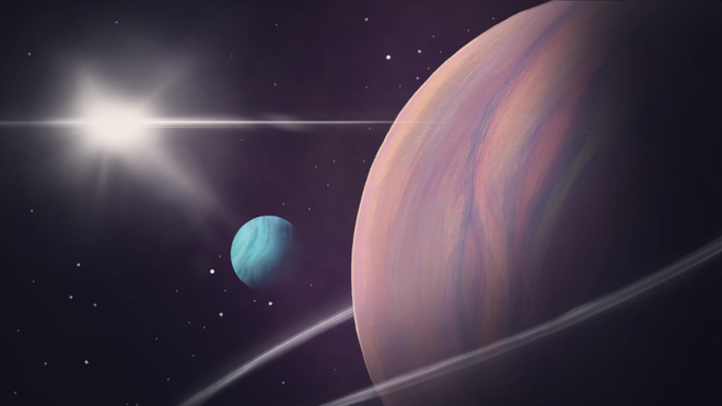 Ilustração da candidata a lua e seu planeta em outro sistema estelar (Imagem: Reprodução/Helena Valenzuela Widerström)